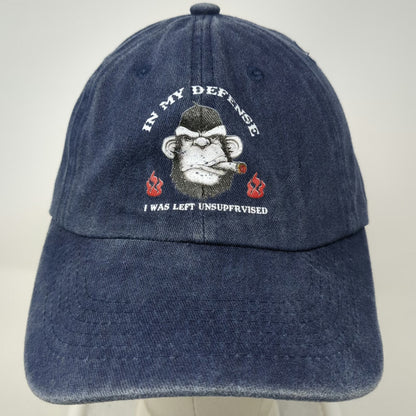 Blue Baseball Cap One Size Hat Monkey Smoking Cigar In My Defense Funny Quote