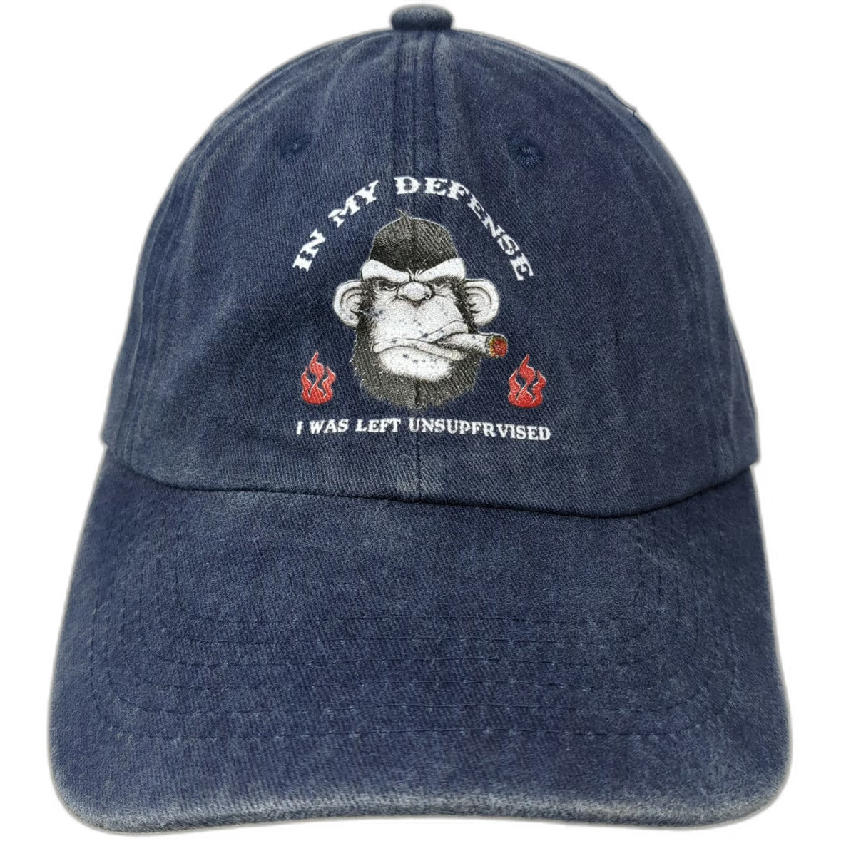 Blue Baseball Cap One Size Hat Monkey Smoking Cigar In My Defense Funny Quote