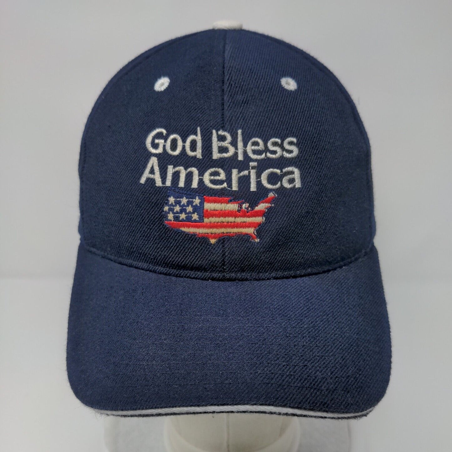 God Bless America Strapback Hat Blue OSFA Adjustable Embroidered Patriotic CAP