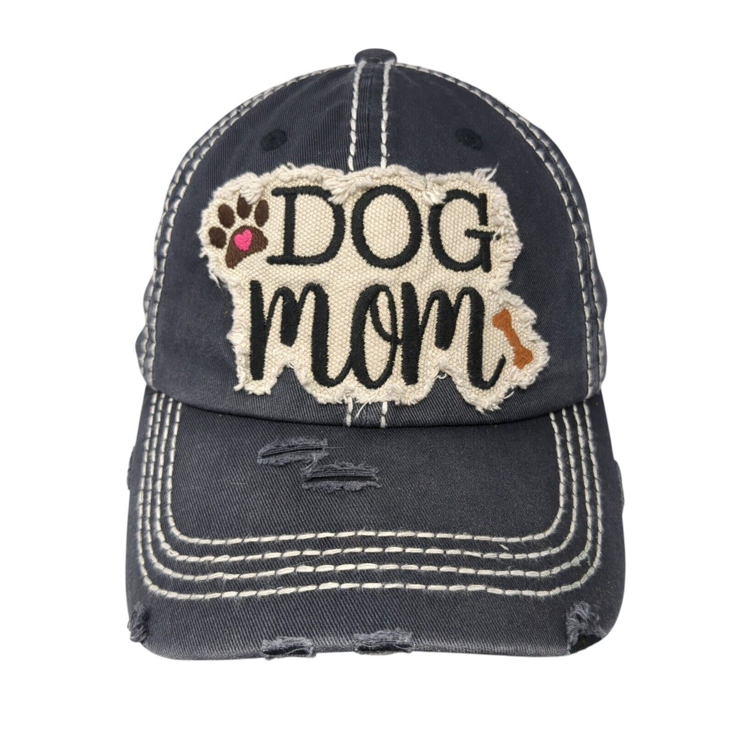 Dog Mom Strapback Hat Gray One Size Adjustable Embroidered Distressed Cotton