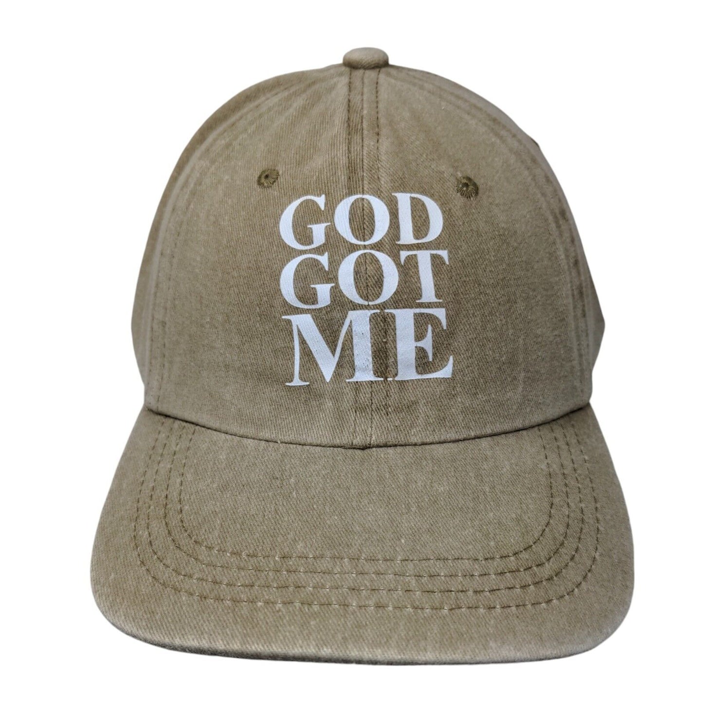 God Got Me Slideback Hat Tan One Size Adjustable Vented Holes 6 Panel Cotton