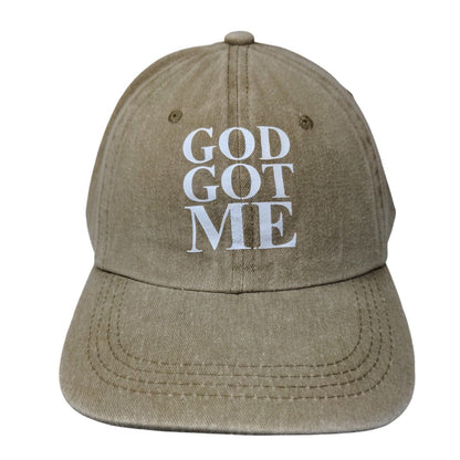 God Got Me Slideback Hat Tan One Size Adjustable Vented Holes 6 Panel Cotton