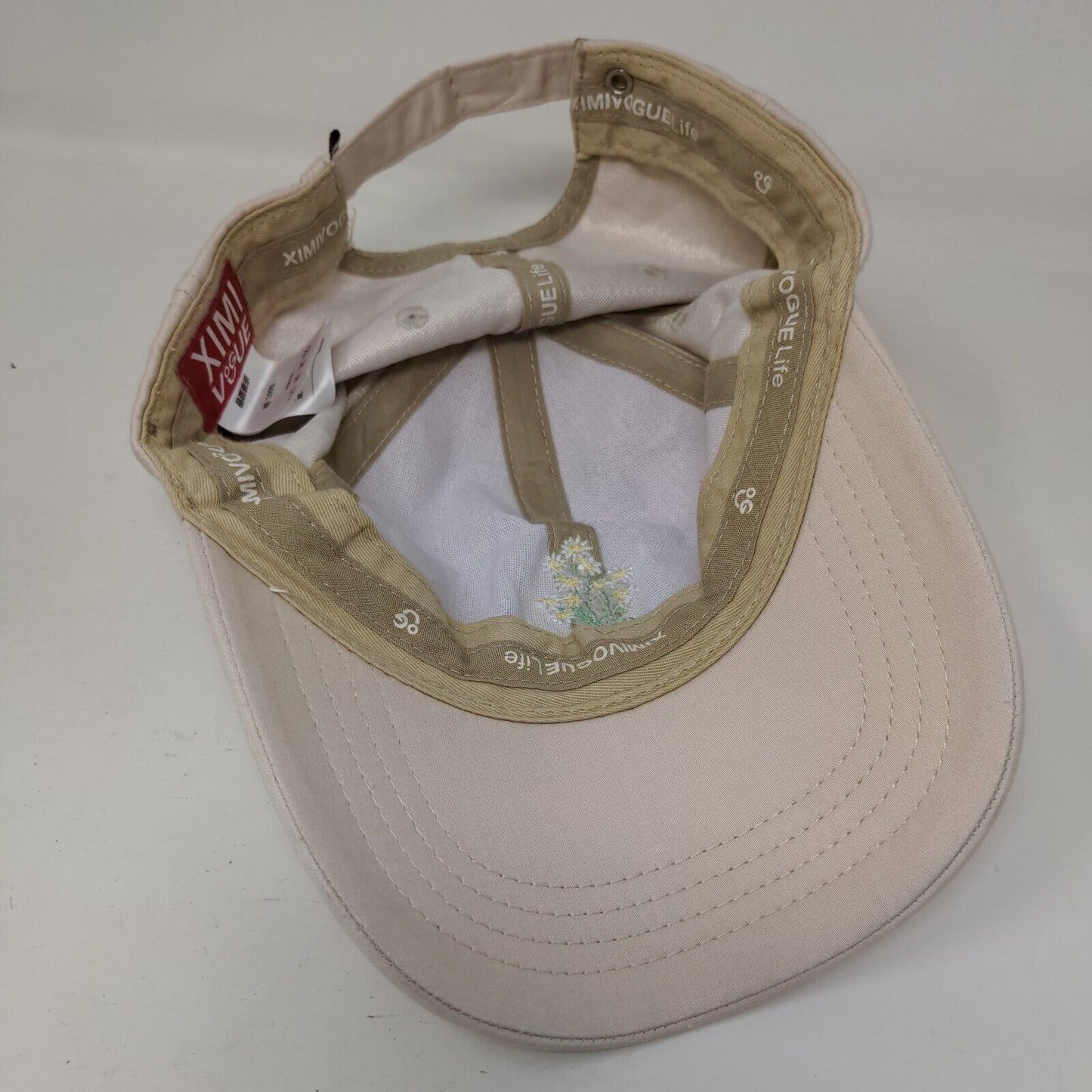 Ximi Vogue Slideback Hat Tan One Size Adjustable Embroidered Floral
