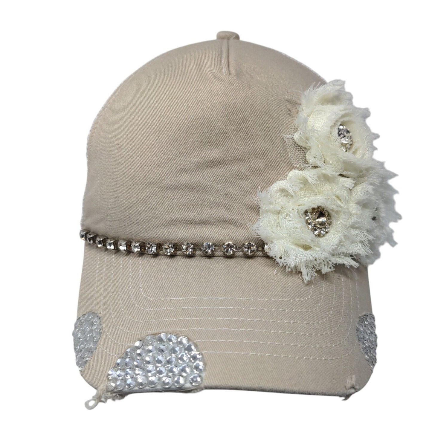 Time Two Change Snapback Trucker Hat Tan OSFA Mesh Back Flower Rhinestone