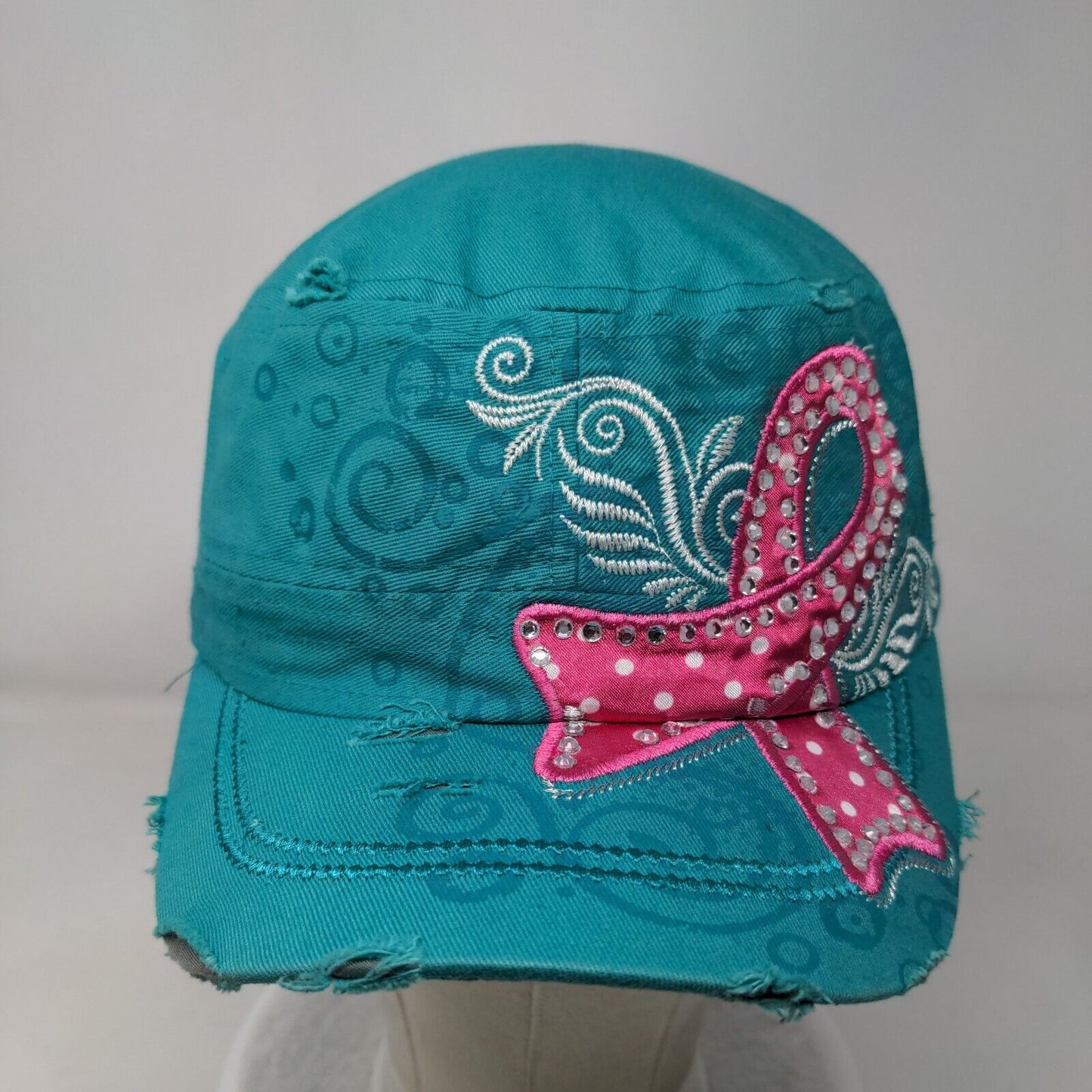 Cancer Awareness Pink Ribbon Cadet Army Cap Greenish-Blue One Size Distressed