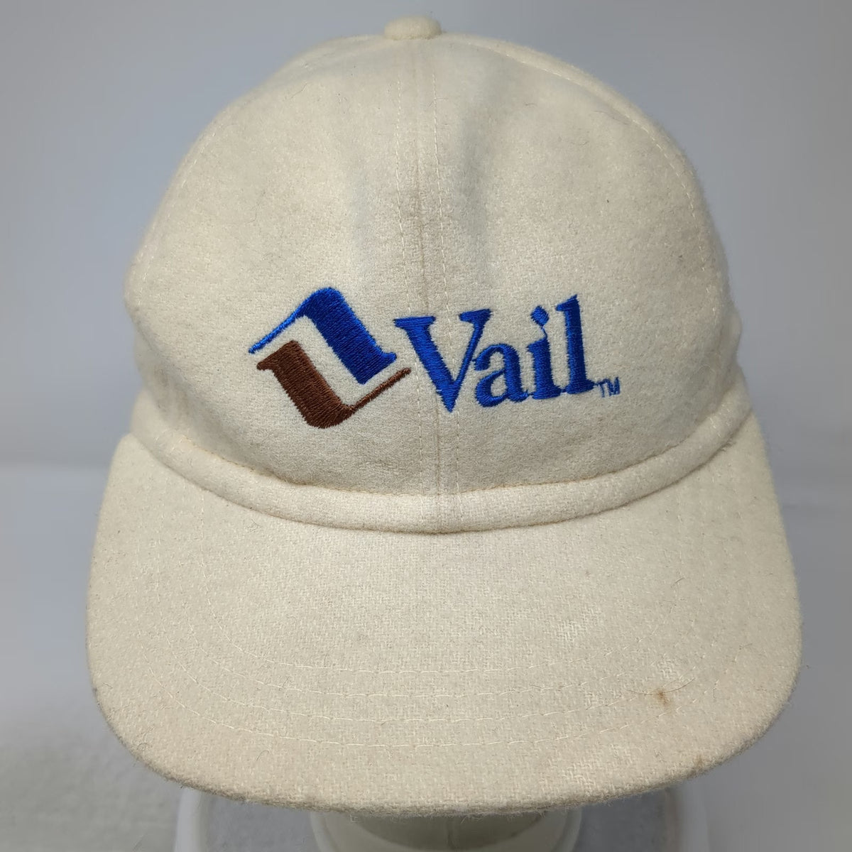 C.C Baseball Cap Beige Blue Brown M Vail Logo Wool Blend Fitted Stretch Hat