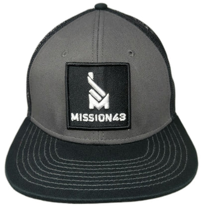 MISSION43 Trucker Hat Black One Size Snapback Mesh Flat Brim Logo Patch Lead