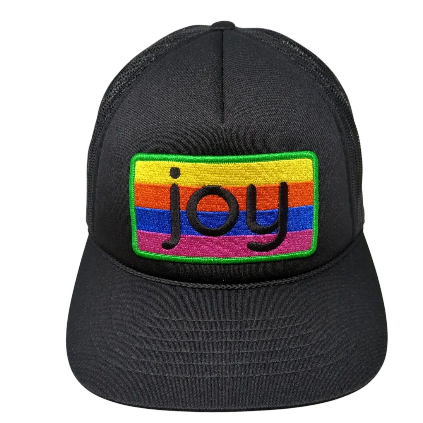 Joy Striped Patch Snapback Trucker Hat Black One Size Solid Mesh Back