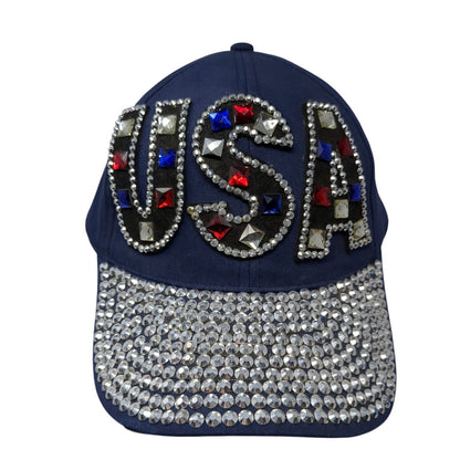 USA Rhinestone Studded Bling Strapback Hat Blue One Size Adjustable