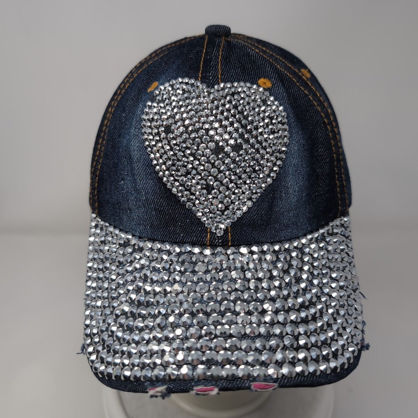 Heart Bling Rhinestone Strapback Hat Blue One Size Adjustable Distressed Denim