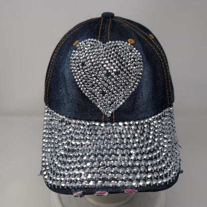 Heart Bling Rhinestone Strapback Hat Blue One Size Adjustable Distressed Denim
