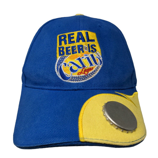 Real Beer Is Carib Lager Strapback Hat Blue One Size Embroidered Bottle Opener