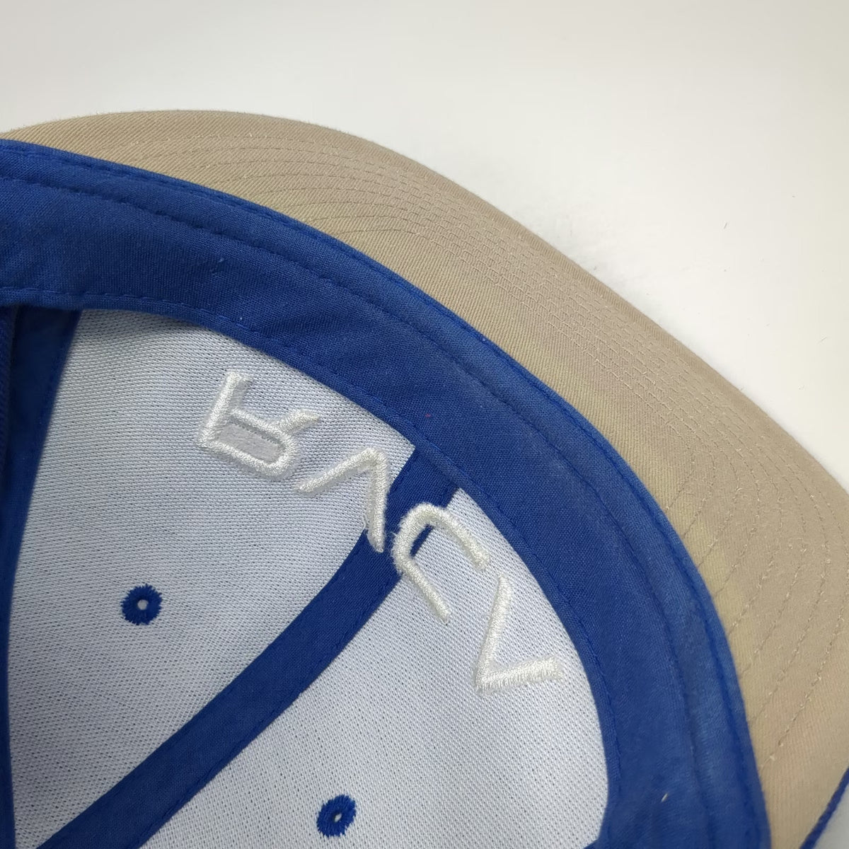 RVCA Snapback Hat Blue One Size White VA Logo Flat Brim Tan Underbrim Acrylic
