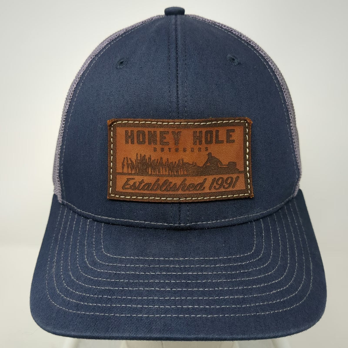 Richardson 112 Trucker Hat Blue Gray One Size Honey Hole Outdoors Leather Patch
