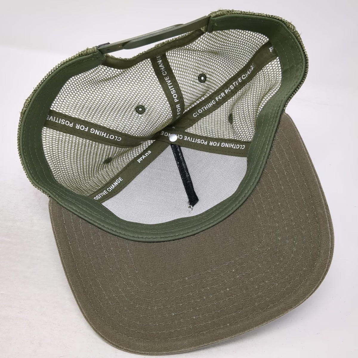 prAna Trucker Hat Green One Size Mesh Back Campfire Graphic Flat Brim Snapback