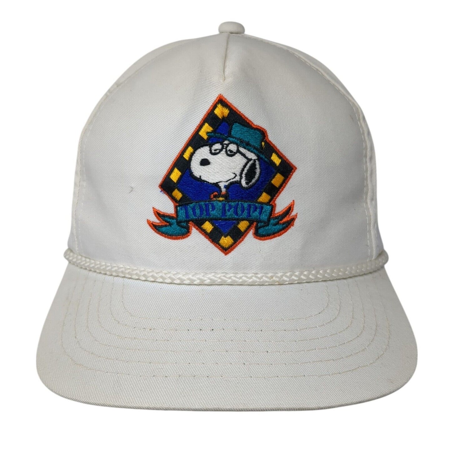 Snoopy Top Pop Slideback Rope Hat White One Size Solid Leather Strap