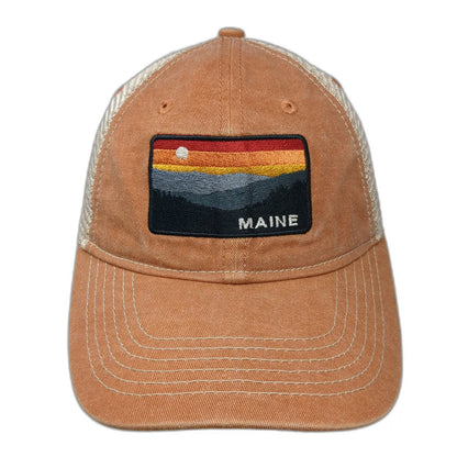 Blue 84 Trucker Hat Brown One Size Maine Sunset Mountain Patch Mesh Snapback