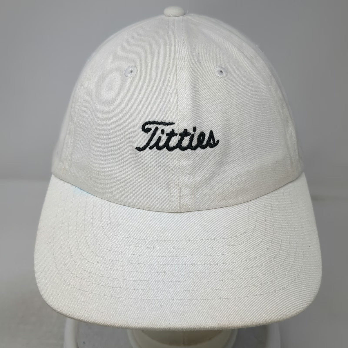 Spencer's Baseball Cap White One Size Titties Black Script Adjustable Cotton Hat
