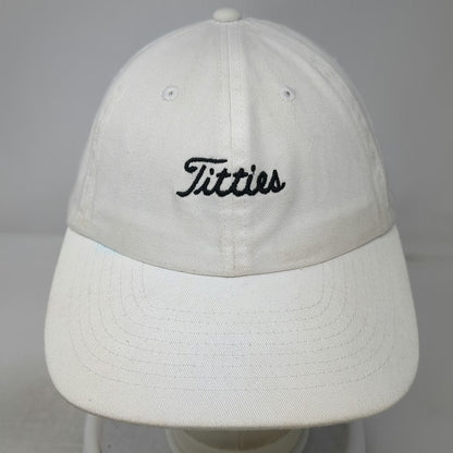 Spencer's Baseball Cap White One Size Titties Black Script Adjustable Cotton Hat
