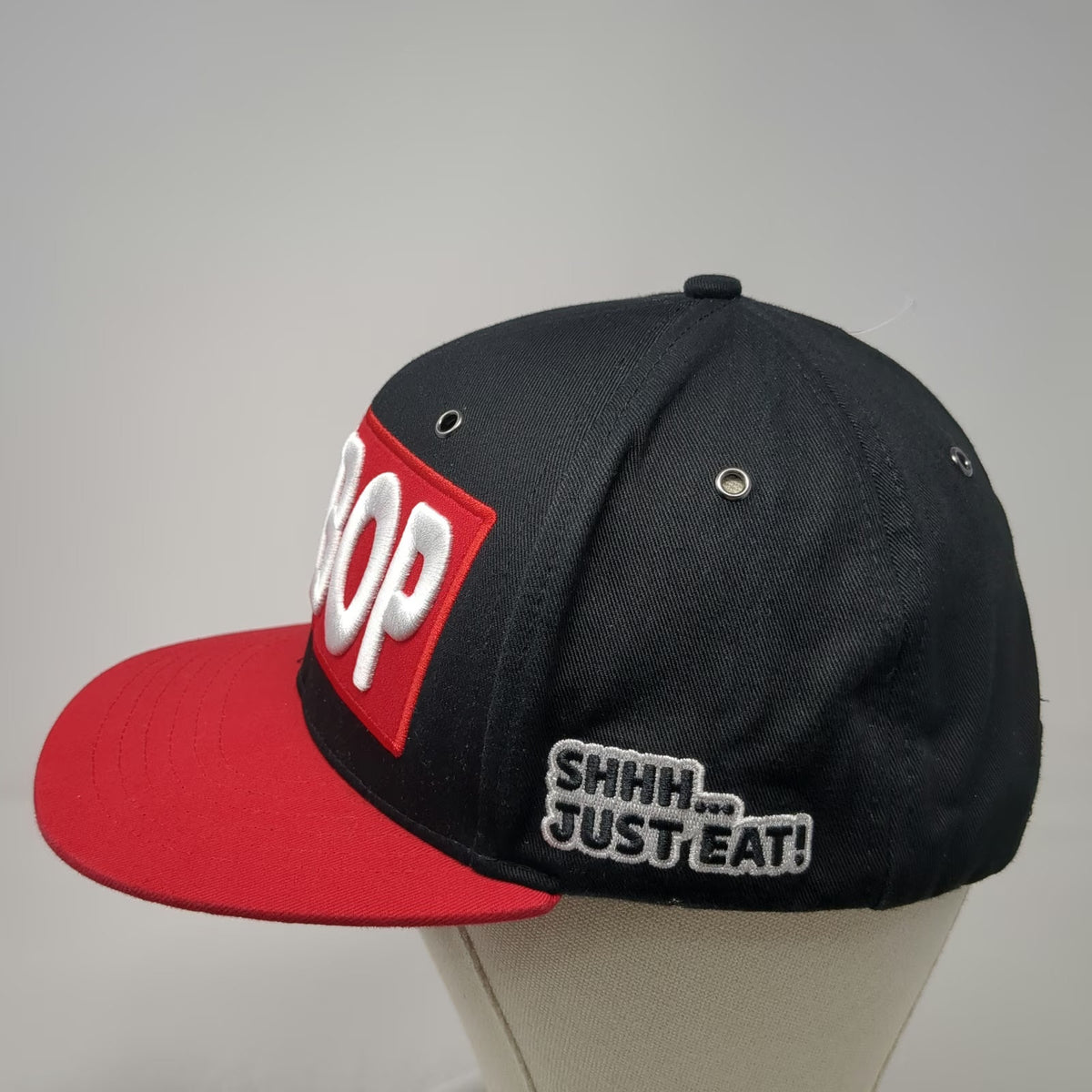 Cupbop Shhh Just Eat Snapback Hat Black Red One Size Flat Brim 3D Embroidery