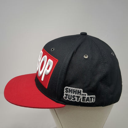 Cupbop Shhh Just Eat Snapback Hat Black Red One Size Flat Brim 3D Embroidery