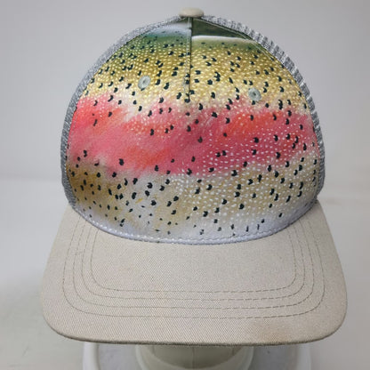 RepYourWater Trucker Hat Gray Beige One Size Rainbow Trout Fish Mesh Back