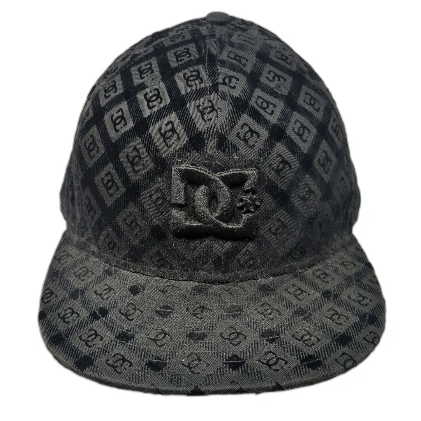 DC Shoes New Era Snapback Black 7 5/8 Monogram Allover Pattern Flat Brim Hat