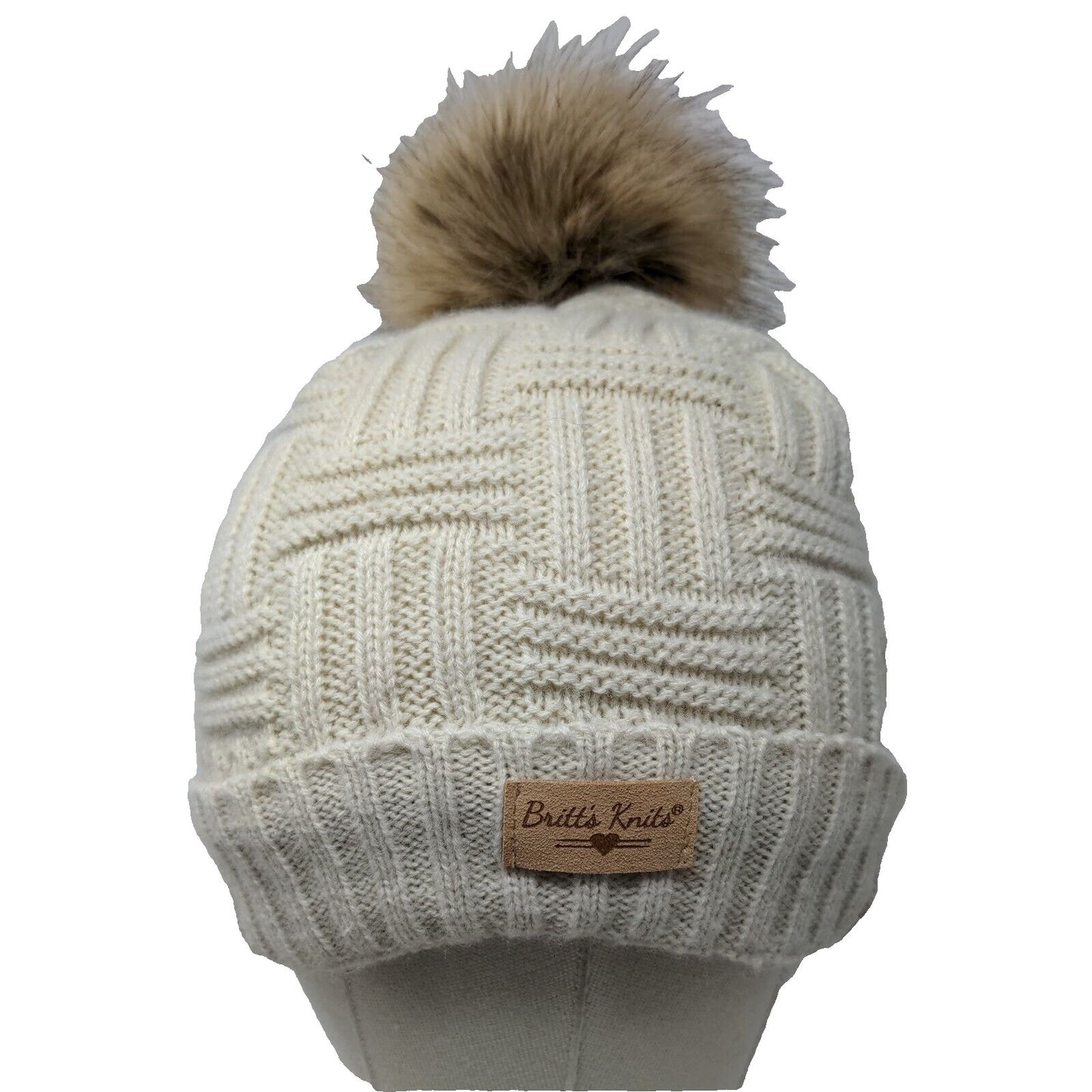 Britt's Knits Beanie Hat Cream One Size Hand Knitted Faux Fur Pom Pom