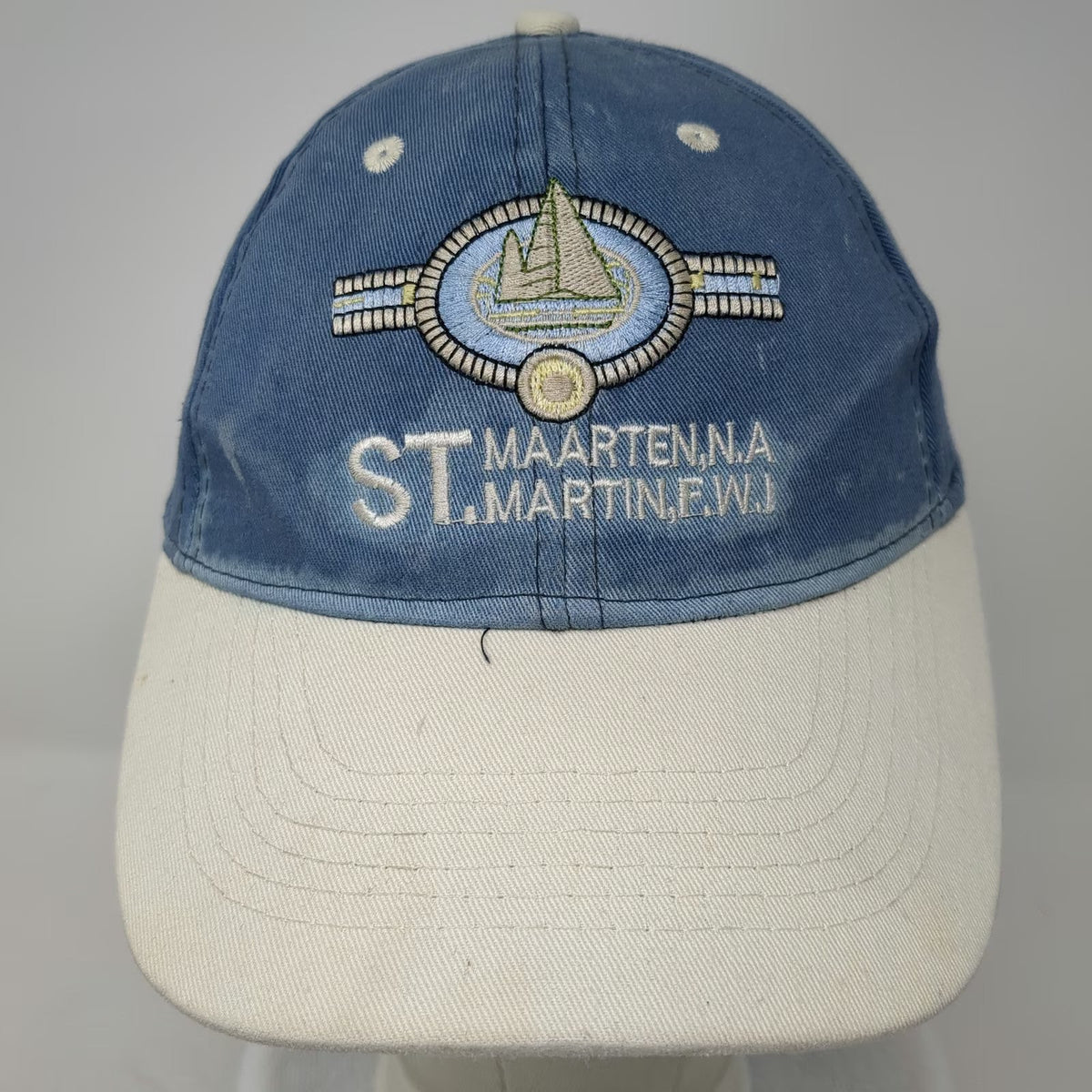 Blue White Baseball Cap OSFM St Maarten St Martin Sailboat Strapback Travel Hat