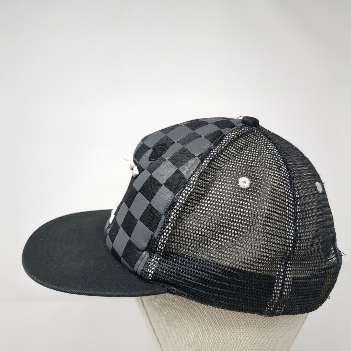 Domo Domo-Kun Snapback Mesh Back Hat Black Gray Checkered Mouth Foam