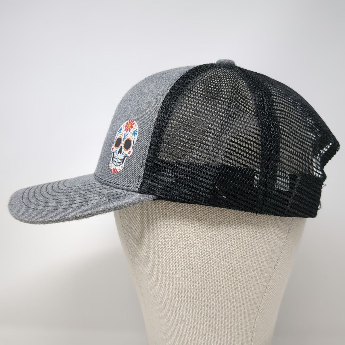 Trucker Hat Gray One Size Sugar Skull Snapback Mesh Back Curved Brim Floral Art