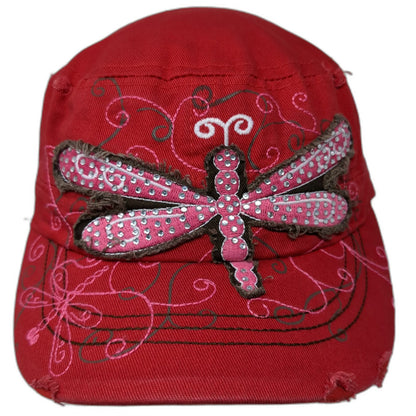 Army Cap Red One Size Dragonfly Rhinestone Distressed Floral Embroidery Hat