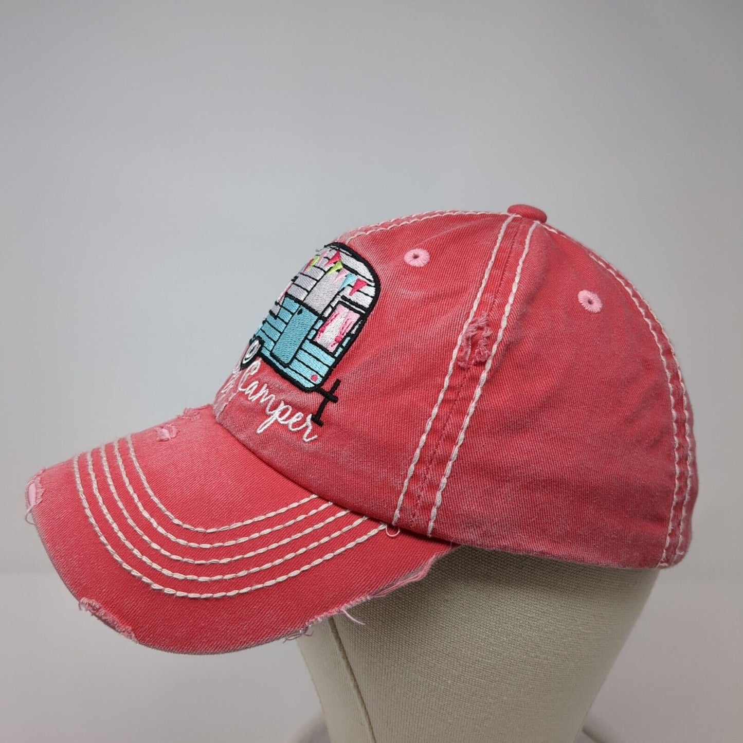 Happy Camper Slideback Hat Red OS Adjustable Embroidered Distressed KB ETHOS