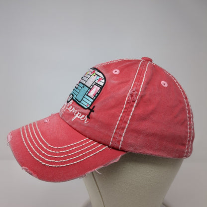 Happy Camper Slideback Hat Red OS Adjustable Embroidered Distressed KB ETHOS