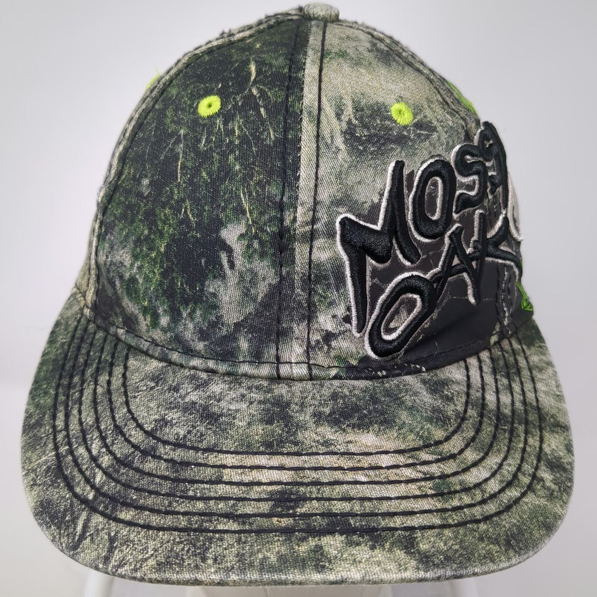 Mossy Oak Baseball Cap Green Black White M Camo Stretch Fit Embroidered Hat