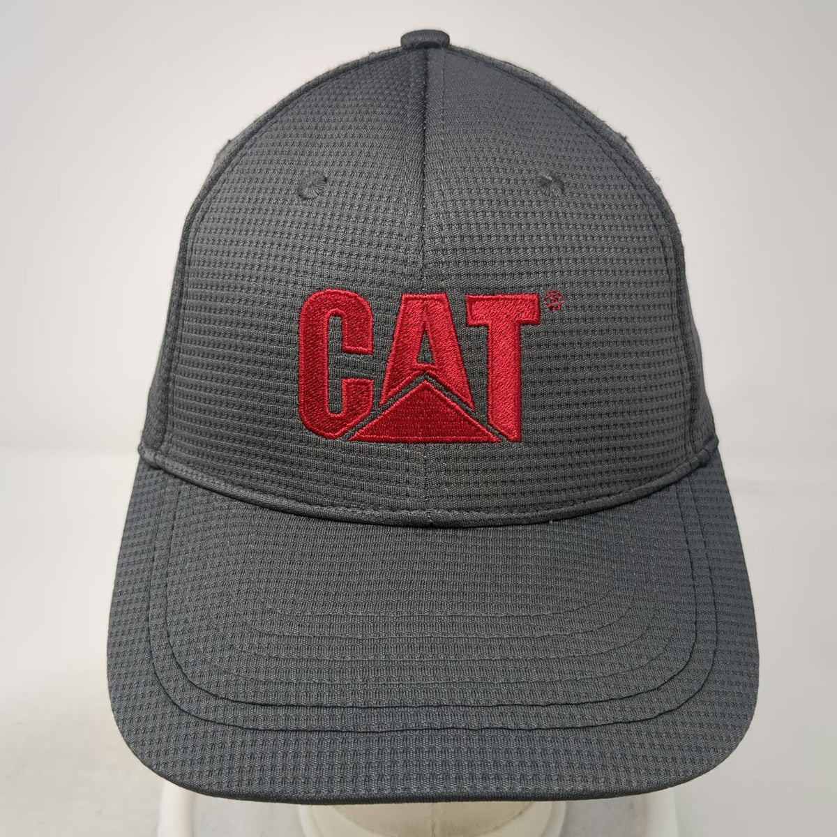 CAT Baseball Cap Gray Red One Size Textured Mesh Fabric Fitted Hat Work Logo