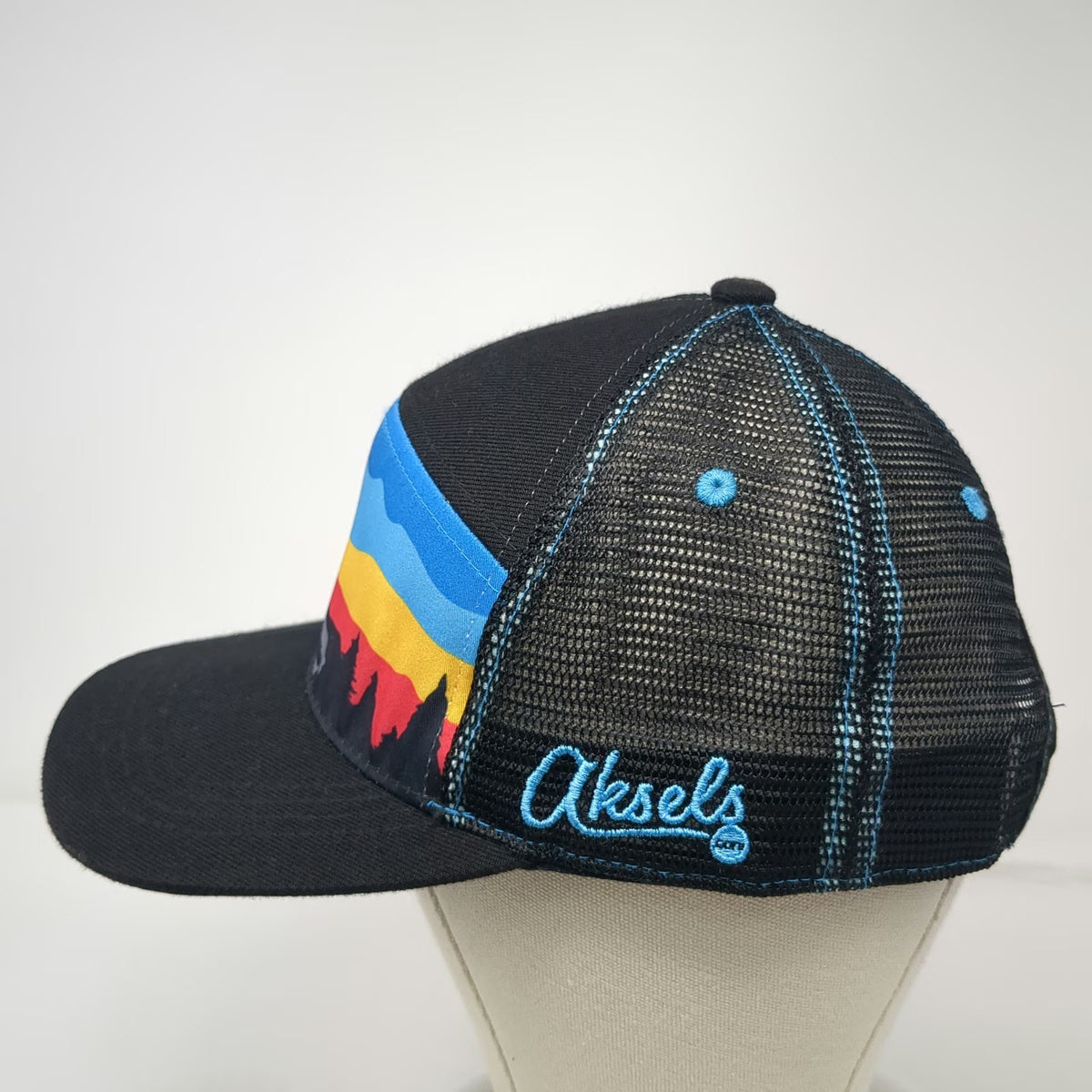 Aksels Trucker Hat Black Red Blue One Size Mountain Landscape Pine Mesh Snapback