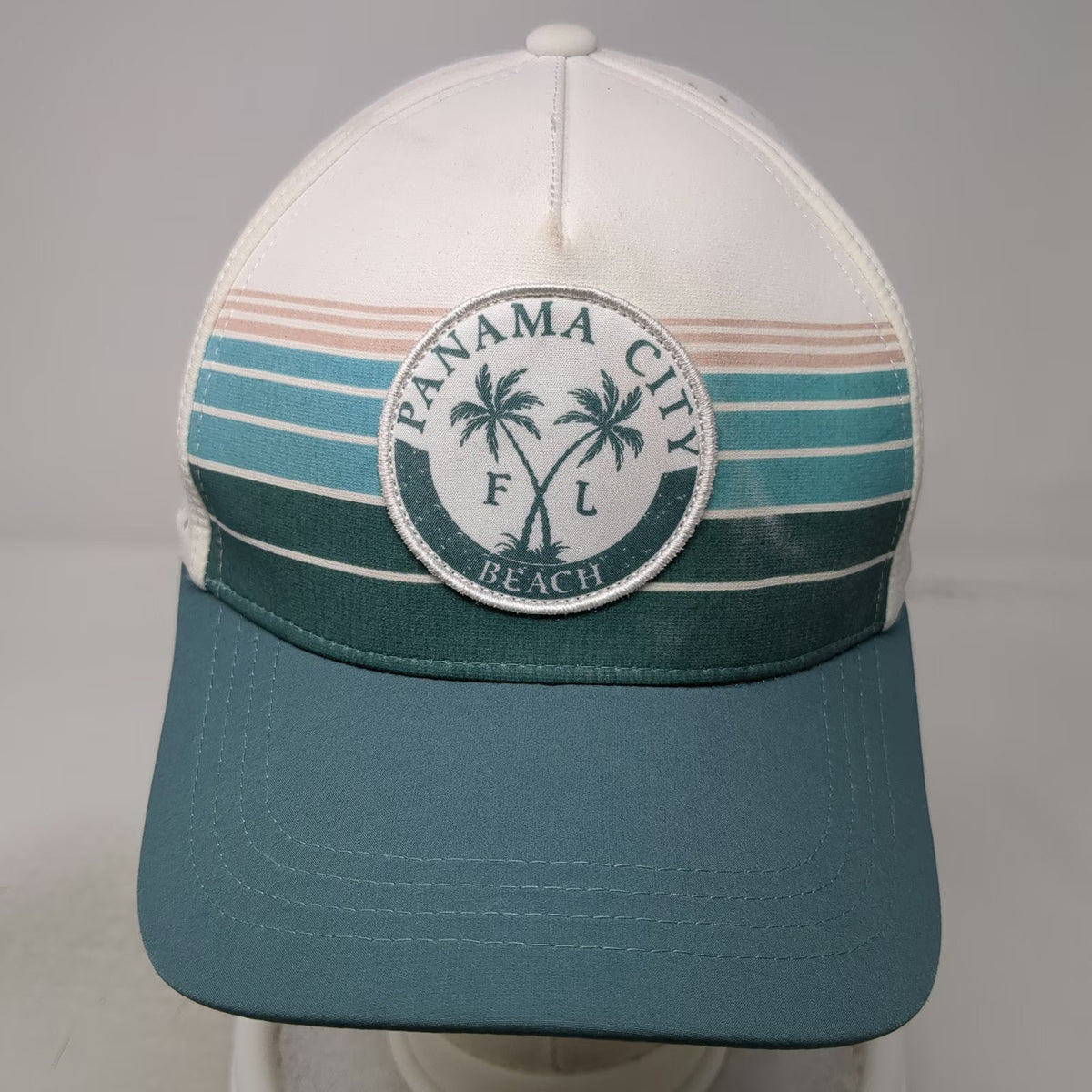 Free Style Trucker Hat White Blue One Size Panama City Beach Palm Tree Striped