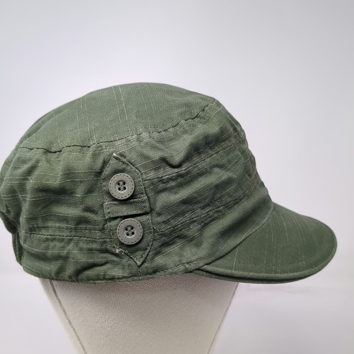 Army Cap Hat Green One Size Side Buttons Elastic Back Gathered Crown Plain Top