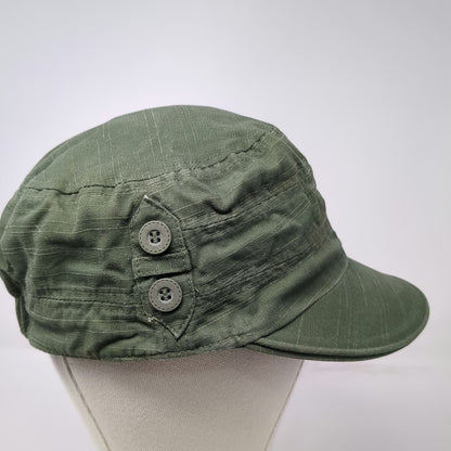 Army Cap Hat Green One Size Side Buttons Elastic Back Gathered Crown Plain Top
