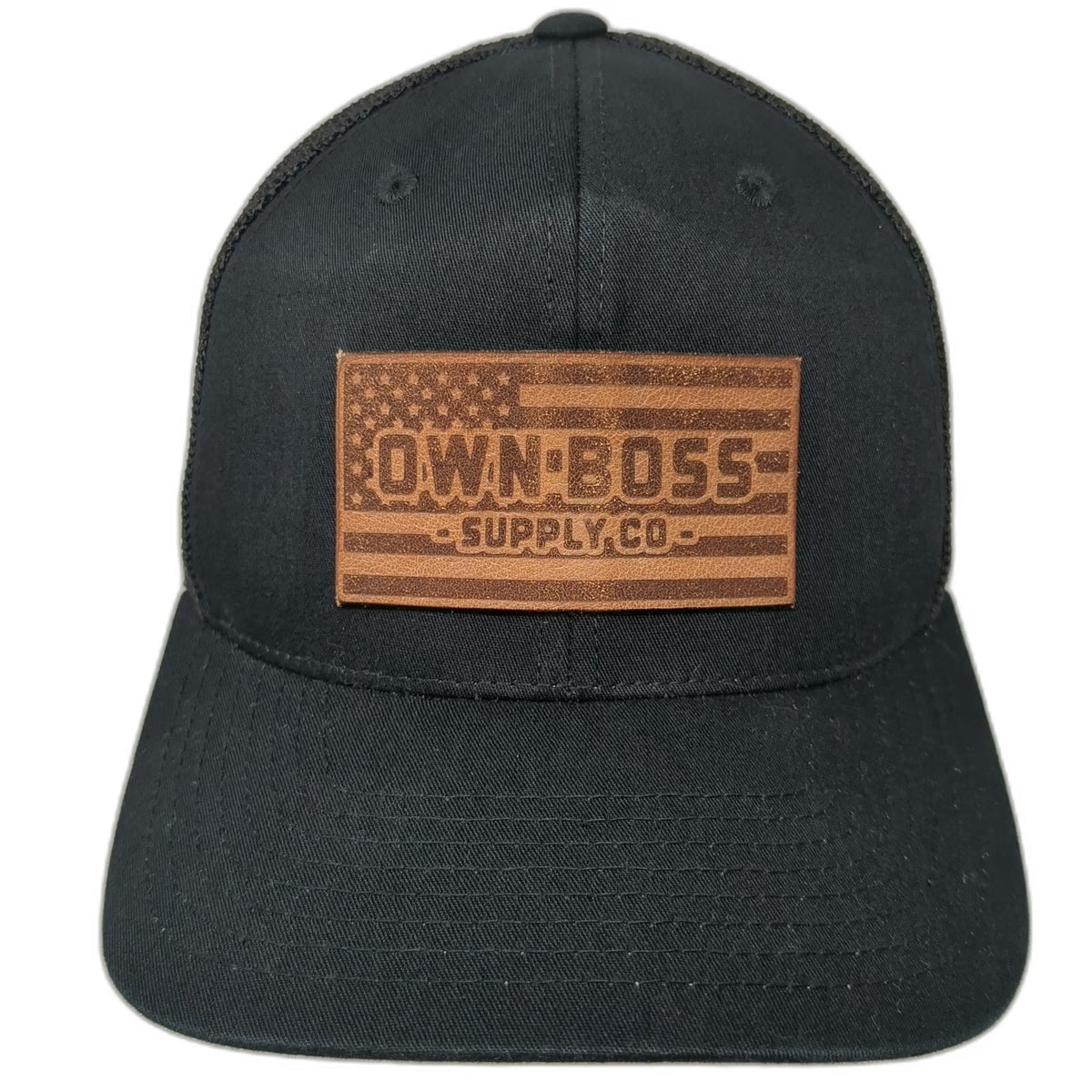 Own Boss Supply Co Baseball Cap Black OSFM Leather American Flag Patch Mesh Hat