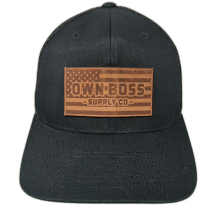 Own Boss Supply Co Baseball Cap Black OSFM Leather American Flag Patch Mesh Hat