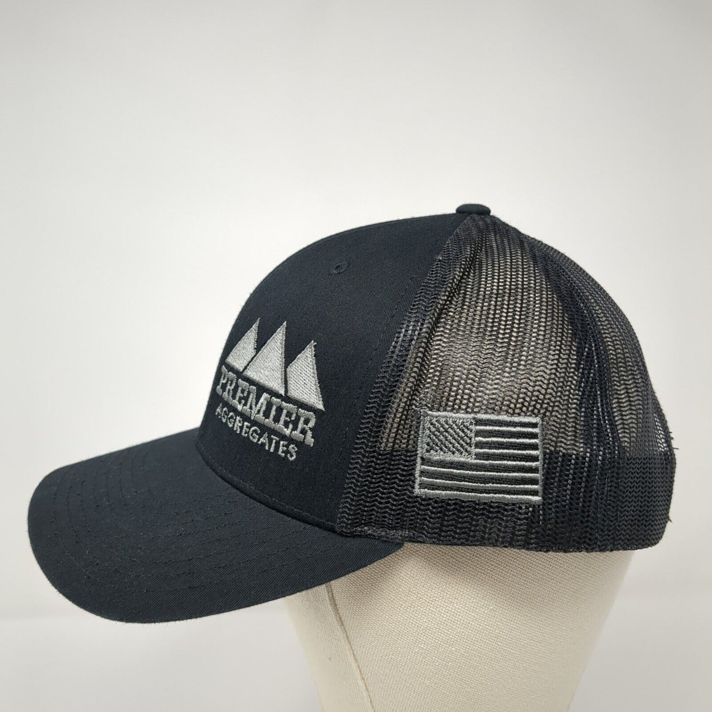 Premier Aggregates Snapback Trucker Hat Black One Size Mesh Back USA Flag