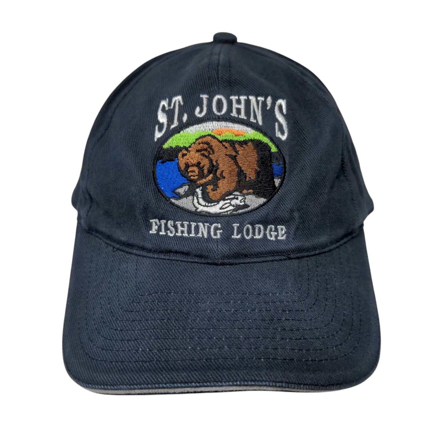 St. John's Fishing Lodge Strapback Hat Blue OSFA Adjustable Embroidered Cotton