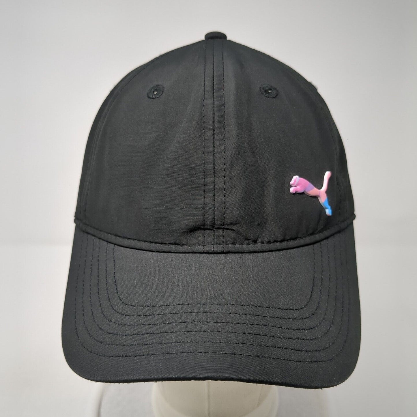 PUMA Strapback Hat Black One Size Adjustable Embroidered Vented Holes 6 Panel