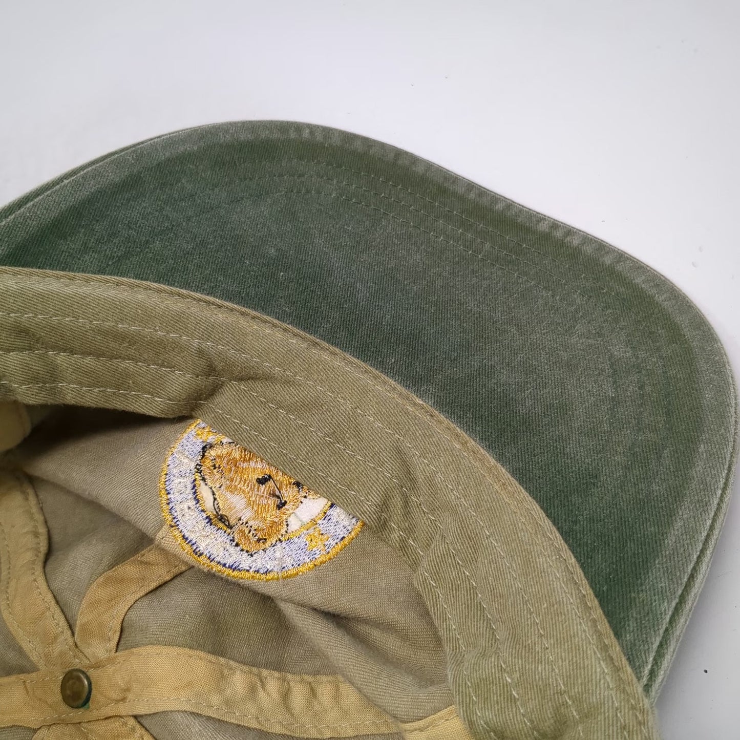 Adams Baseball Cap Beige Green Leather Strap Vermont Teddy Bear Hat Vintage