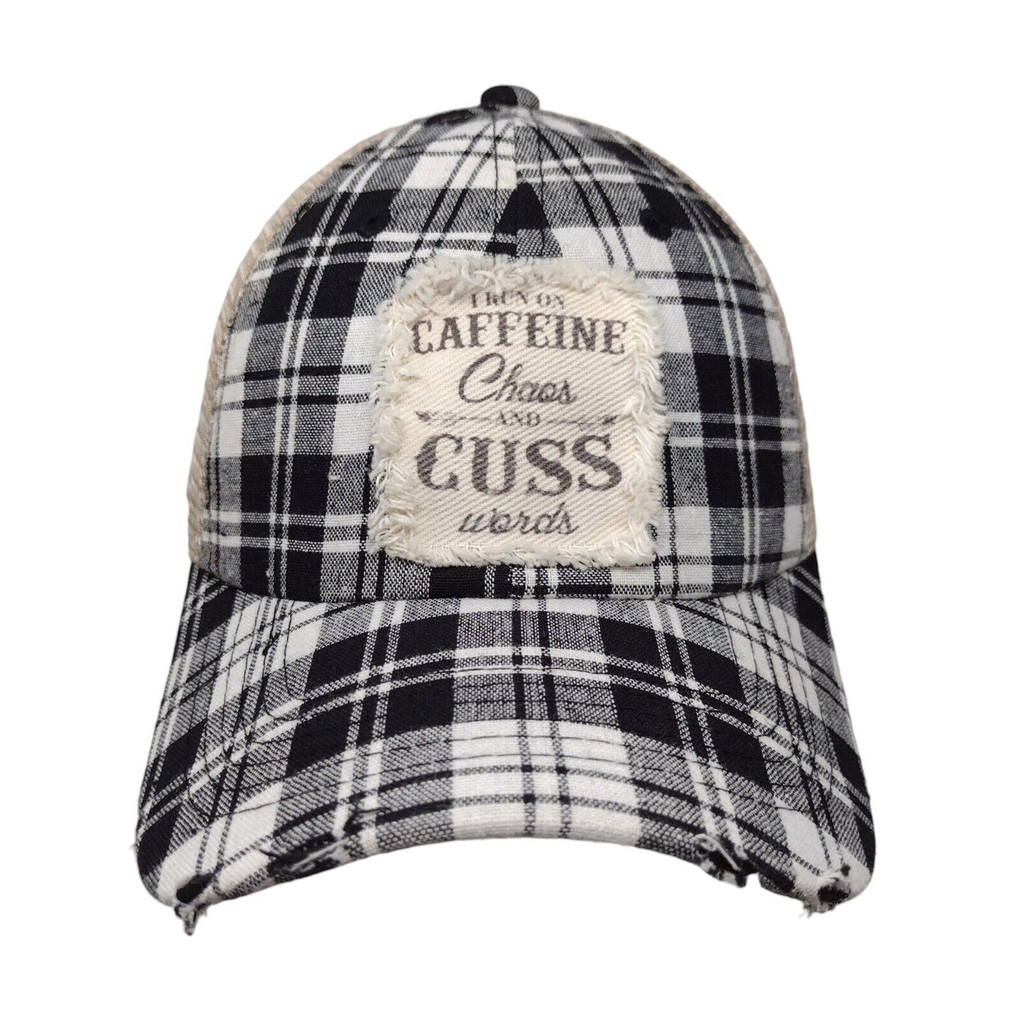 I Run On Caffeine Chaos And Cuss Words Trucker Hat Multi One Size Plaid