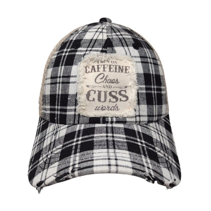 I Run On Caffeine Chaos And Cuss Words Trucker Hat Multi One Size Plaid