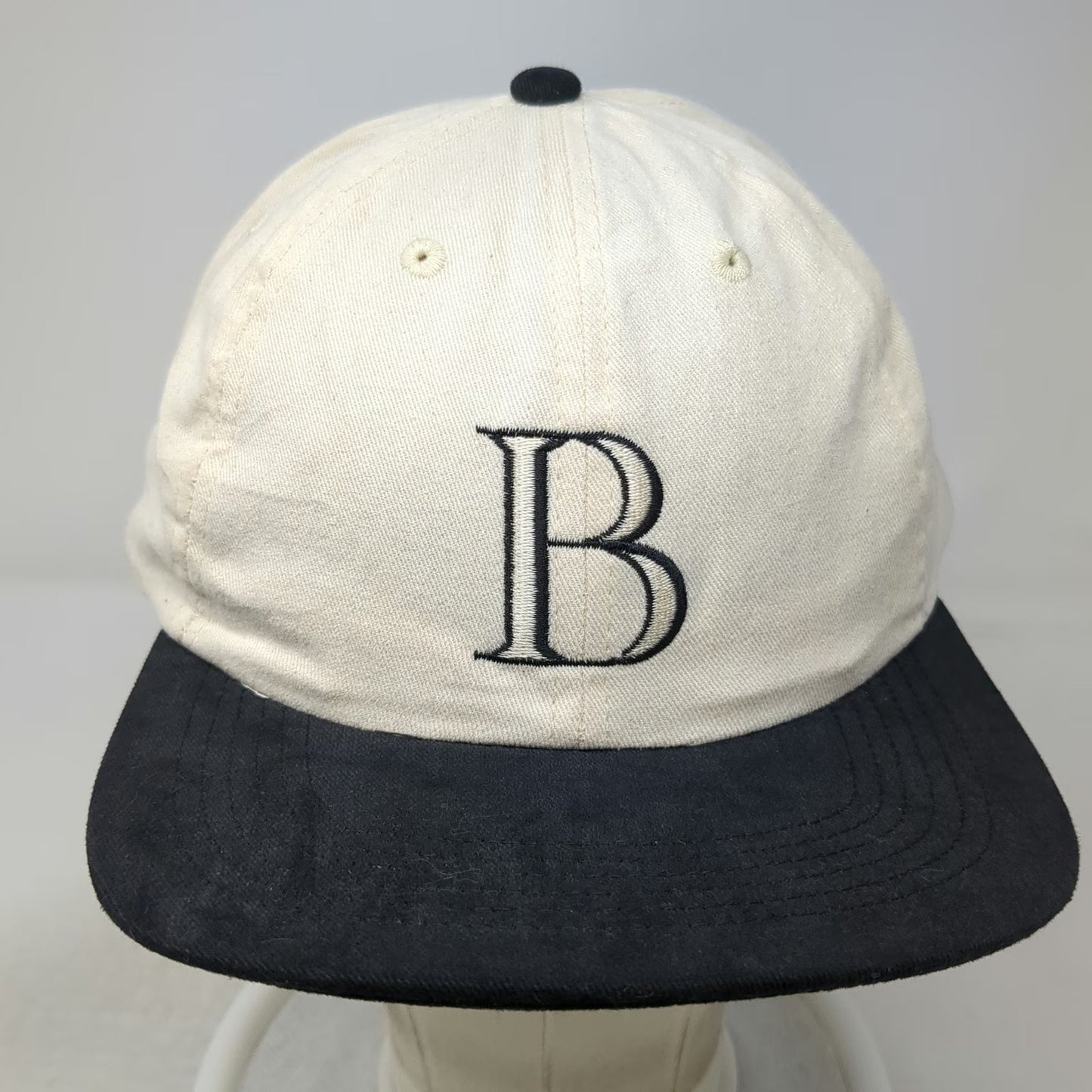 Beige Black Baseball Cap Vintage Embroidered B Bride Made in USA Slideback Hat