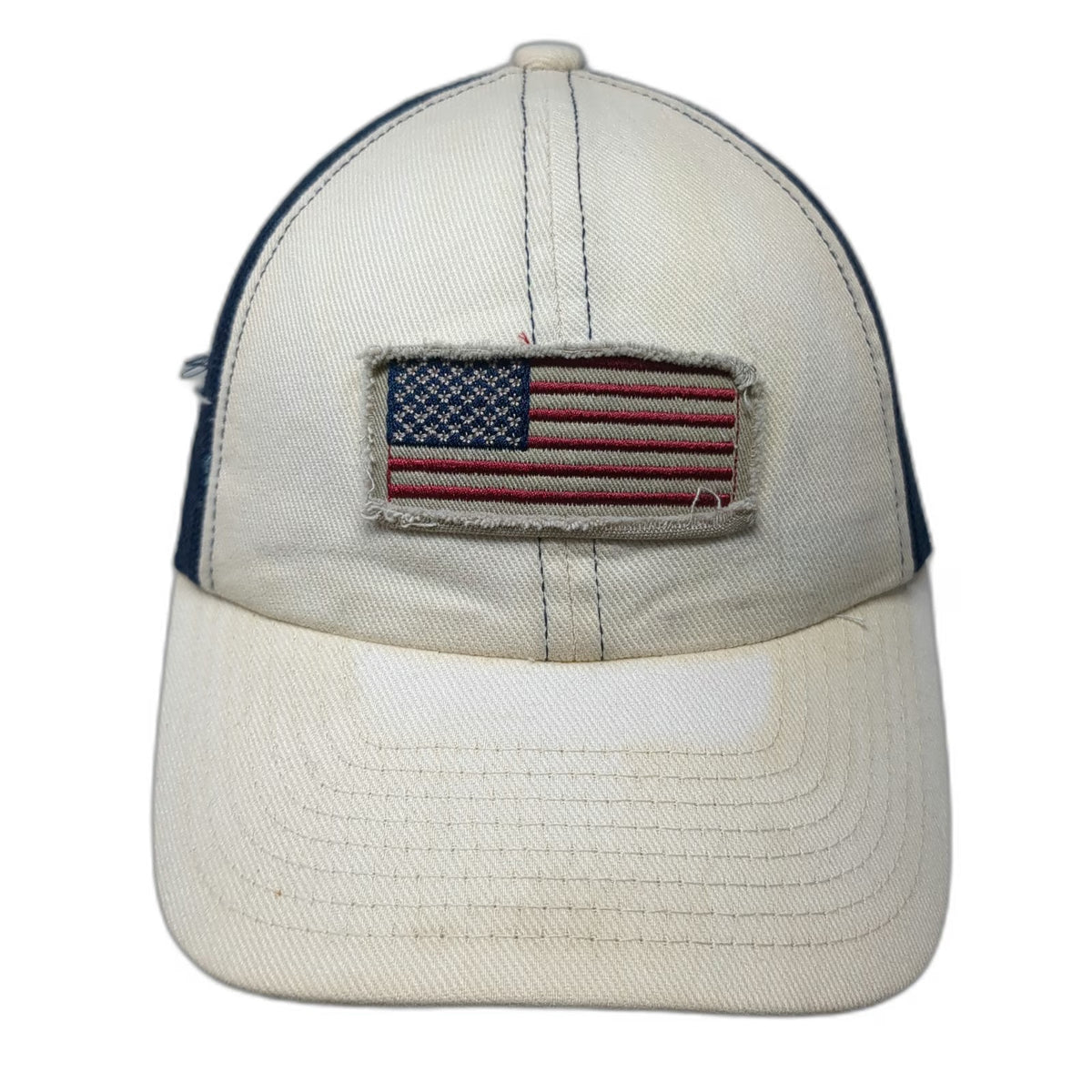 White Blue Trucker Hat One Size American Flag Patch Distressed Mesh Snapback